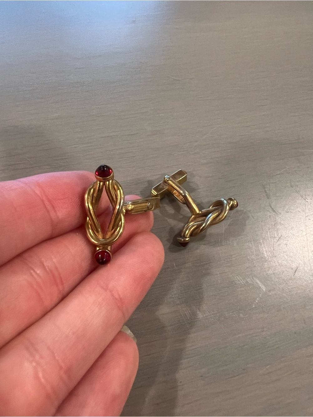 Vintage Gold Tone Twisted Love Knot Red Stone Cufflinks
